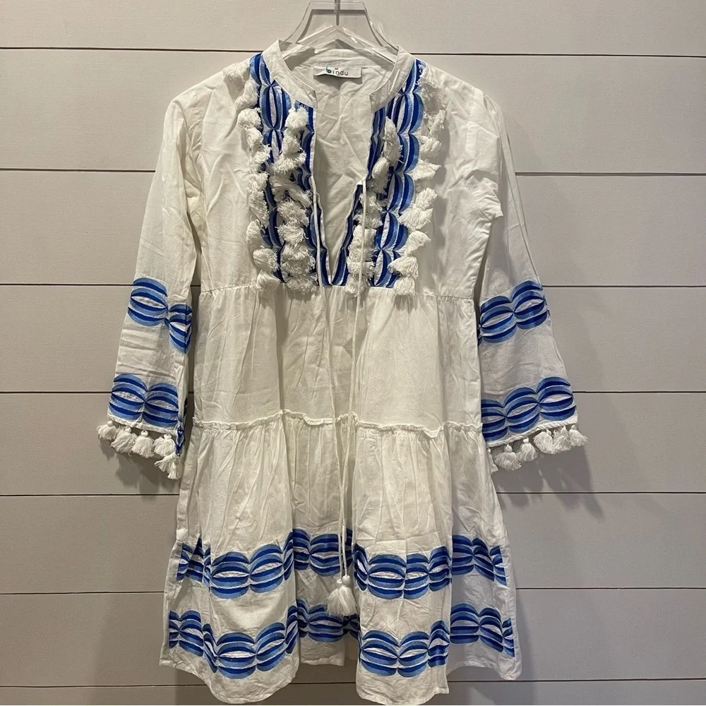 Bindu Fernando White and Blue Bohemian Dress Womens Size XS